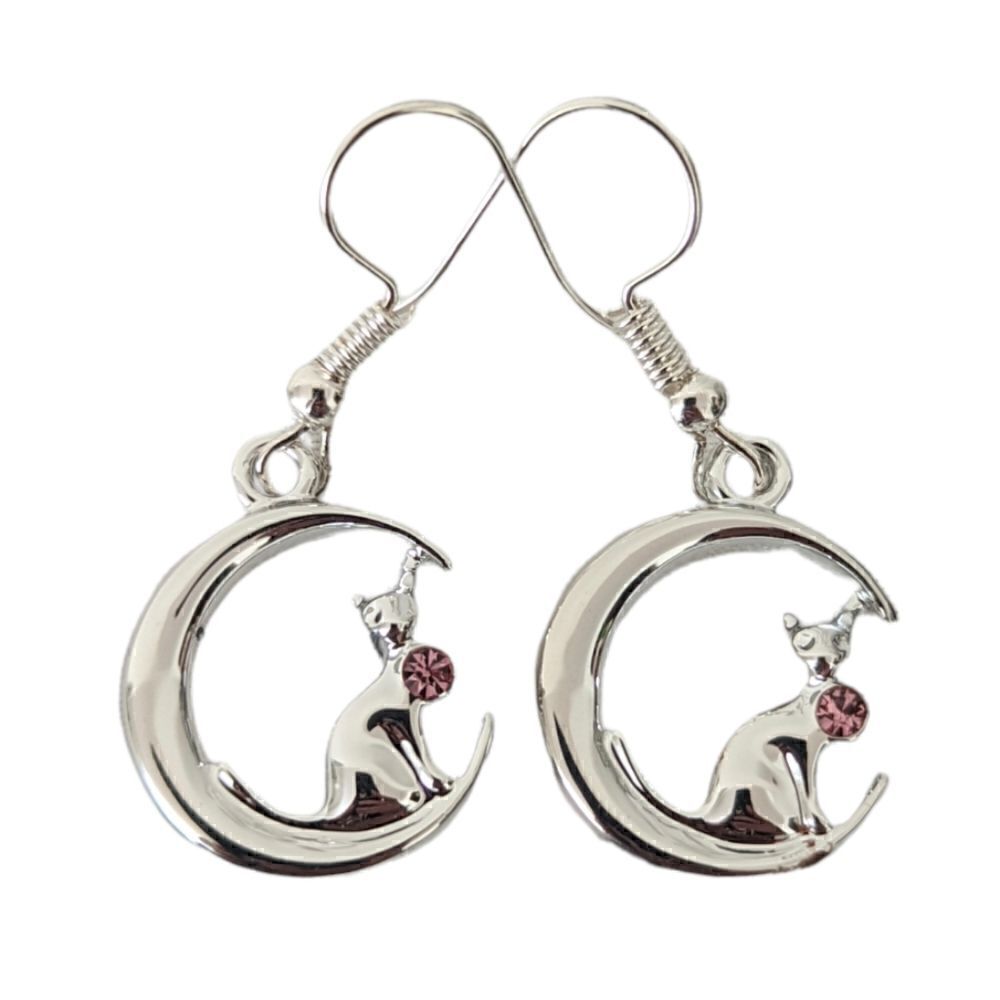 Silver tone Cat Crescent Moon Pink Rhinestone Dangle Hook Earrings